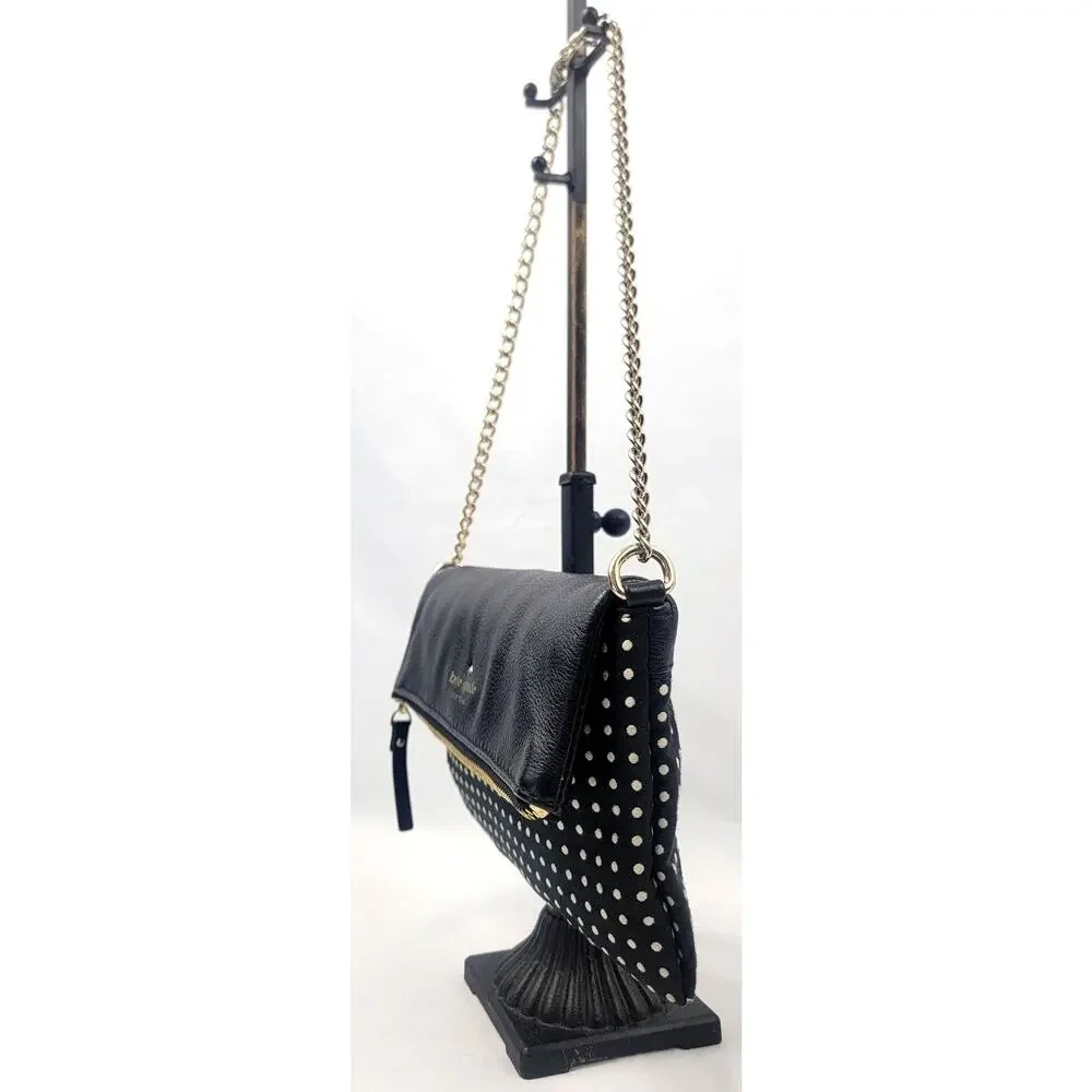 Kate Spade Polka Dot Foldover Crossbody Chain Bag Black White